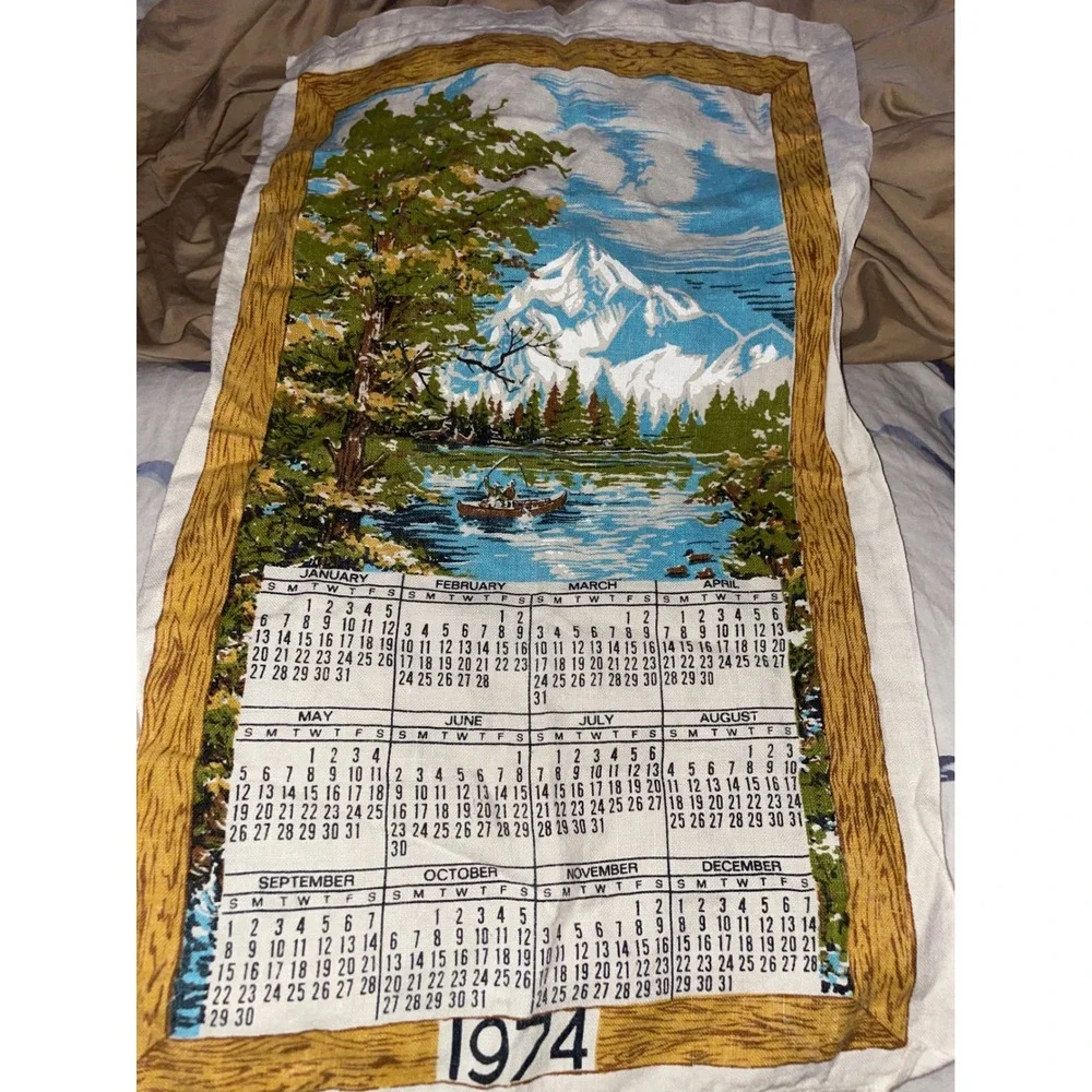 Vintage 1974 Linen Calendar Tea Towel Mountain Landscape Fishing Scene Retro